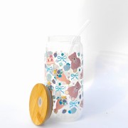 Szklanka 550 ml z bambusową pokrywką i słomką - kubek w niebieskie misie bukiety ciastko słodka szklanka dla dziewczynki - pocichutku.pl