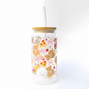 Szklanka 550 ml z bambusową pokrywką i słomką - kubek w różowe misie dla dziewczynki słodkie misie - pocichutku.pl