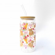 Szklanka 550 ml z bambusową pokrywką i słomką - kubek w różowe misie dla dziewczynki słodkie misie - pocichutku.pl