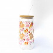 Szklanka 550 ml z bambusową pokrywką i słomką - kubek w różowe misie dla dziewczynki słodkie misie - pocichutku.pl
