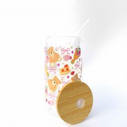 Szklanka 550 ml z bambusową pokrywką i słomką - kubek w różowe misie dla dziewczynki słodkie misie - pocichutku.pl