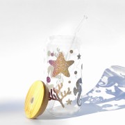 Szklanka 550 ml z bambusową pokrywką i słomką - Syrenka podwodny świat morze ocean - pocichutku.pl