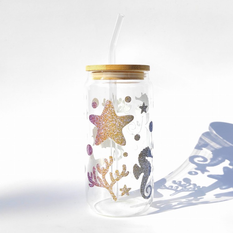 Szklanka 550 ml z bambusową pokrywką i słomką - Syrenka podwodny świat morze ocean - pocichutku.pl