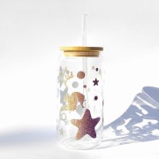 Szklanka 550 ml z bambusową pokrywką i słomką - Syrenka podwodny świat morze ocean - pocichutku.pl