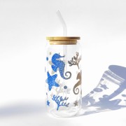 Szklanka 550 ml z bambusową pokrywką i słomką - Syrenka podwodny świat morze ocean - pocichutku.pl