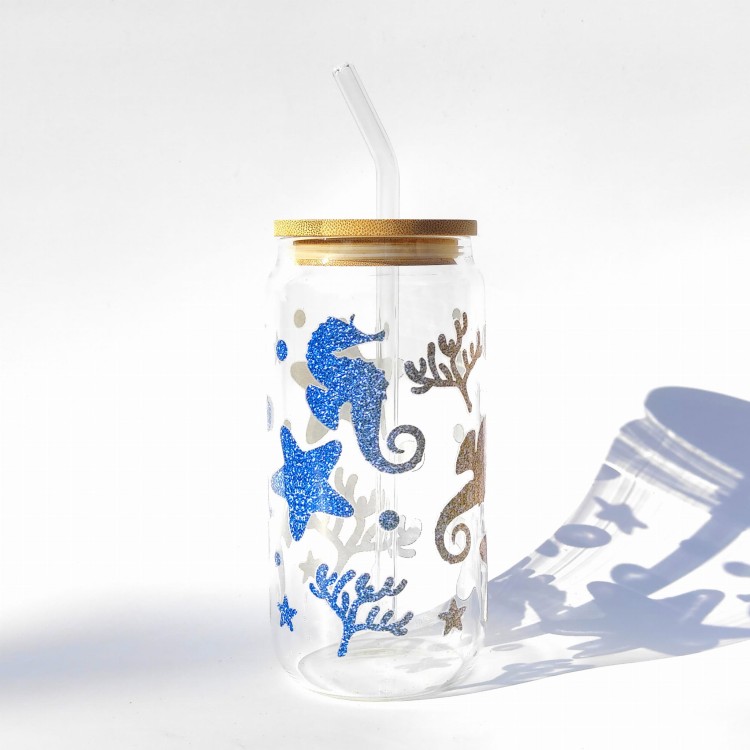 Szklanka 550 ml z bambusową pokrywką i słomką - Syrenka podwodny świat morze ocean - pocichutku.pl