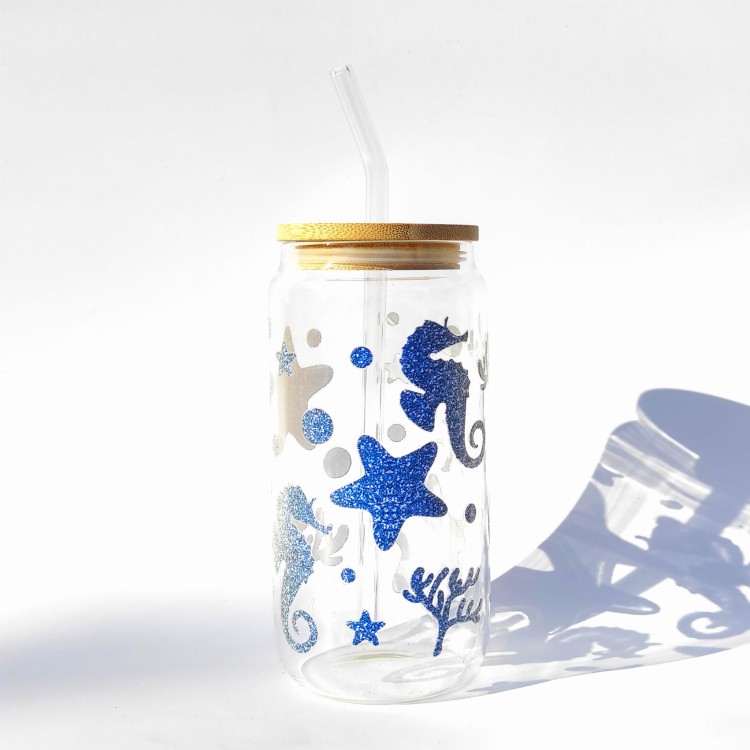 Szklanka 550 ml z bambusową pokrywką i słomką - Syrenka podwodny świat morze ocean - pocichutku.pl