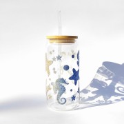 Szklanka 550 ml z bambusową pokrywką i słomką - Syrenka podwodny świat morze ocean - pocichutku.pl