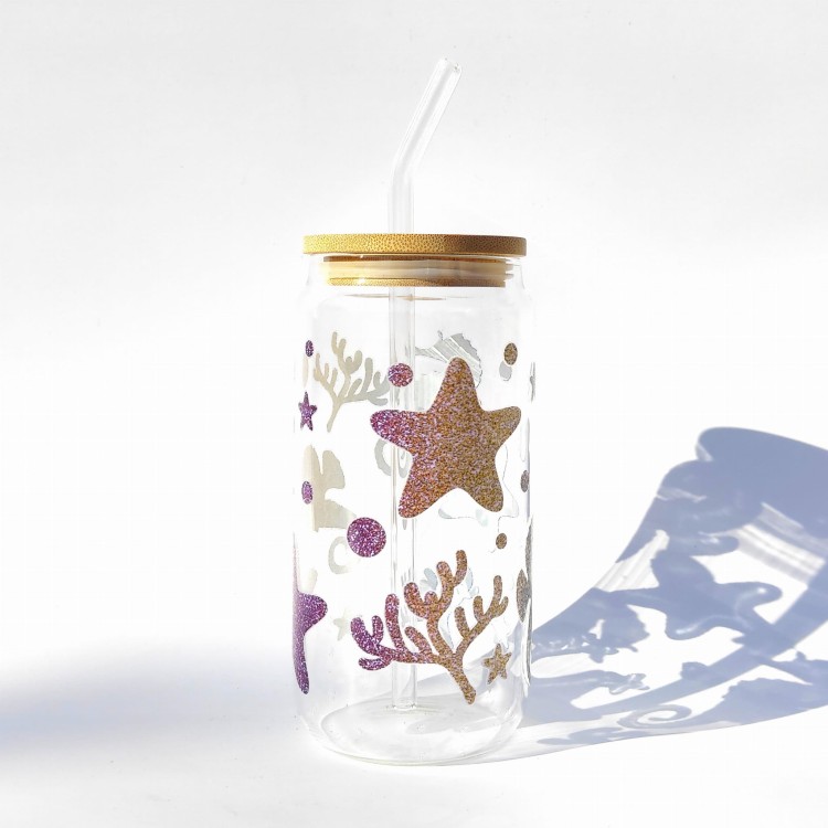Szklanka 550 ml z bambusową pokrywką i słomką - Syrenka podwodny świat morze ocean - pocichutku.pl