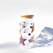 Szklanka 550 ml z bambusową pokrywką i słomką - Syrenka podwodny świat morze ocean - pocichutku.pl