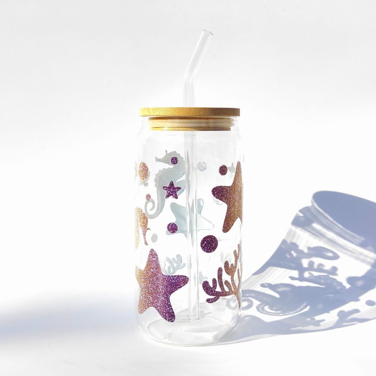 Szklanka 550 ml z bambusową pokrywką i słomką - Syrenka podwodny świat morze ocean - pocichutku.pl