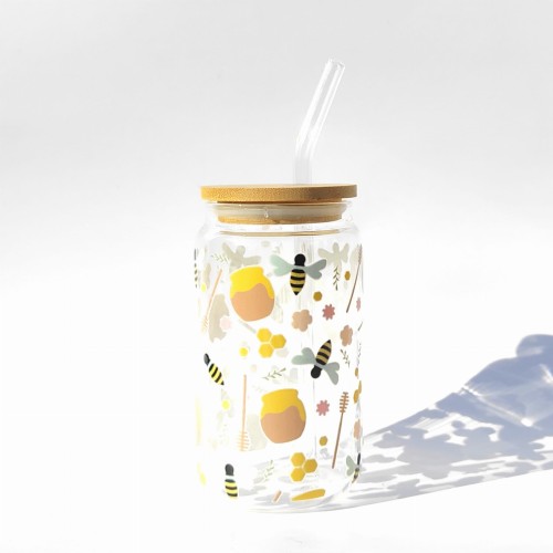 Szklanka 350 ml z bambusową pokrywką i słomką – Hello Honey z motywem pszczół i miodu – pocichutku.pl