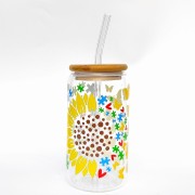 Szklanka 550 ml z bambusową pokrywką i słomką - słonecznik z puzzlami symbolem autyzmu, autystyczny słonecznik - pocichutku.pl