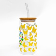 Szklanka 550 ml z bambusową pokrywką i słomką - słonecznik z puzzlami symbolem autyzmu, autystyczny słonecznik - pocichutku.pl