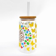 Szklanka 550 ml z bambusową pokrywką i słomką - słonecznik z puzzlami symbolem autyzmu, autystyczny słonecznik - pocichutku.pl