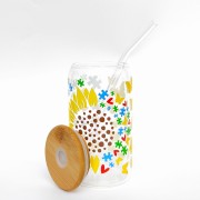 Szklanka 550 ml z bambusową pokrywką i słomką - słonecznik z puzzlami symbolem autyzmu, autystyczny słonecznik - pocichutku.pl