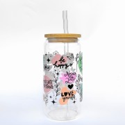 Szklanka 550 ml z bambusową pokrywką i słomką - afirmacje, pozytywne cytaty na kolorowych kleksach - pocichutku.pl