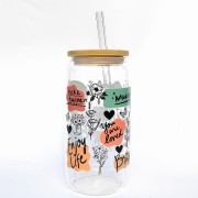 Szklanka 550 ml z bambusową pokrywką i słomką - afirmacje, pozytywne cytaty na kolorowych kleksach - pocichutku.pl