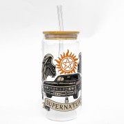 Szklanka 550 ml z bambusową pokrywką i słomką - afirmacje, pozytywne cytaty na kolorowych kleksach - pocichutku.pl