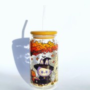 Szklanka 500 ml z bambusową pokrywką i słomką - labubu w wersji jesiennej halloween - pocichutku.pl