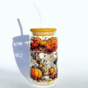 Szklanka 500 ml z bambusową pokrywką i słomką - labubu w wersji jesiennej halloween - pocichutku.pl
