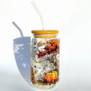 Szklanka 500 ml z bambusową pokrywką i słomką - labubu w wersji jesiennej halloween - pocichutku.pl