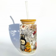 Szklanka 500 ml z bambusową pokrywką i słomką - labubu w wersji jesiennej halloween - pocichutku.pl