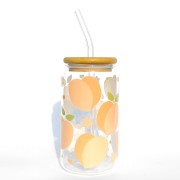 Szklanka 500 ml z bambusową pokrywką i słomką - pastelowe brzoskwinki jakby urwane prosto z drzewa - pocichutku.pl