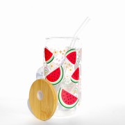 Szklanka 550 ml z bambusową pokrywką i słomką - soczyste arbuzy kawałki arbuza - pocichutku.pl