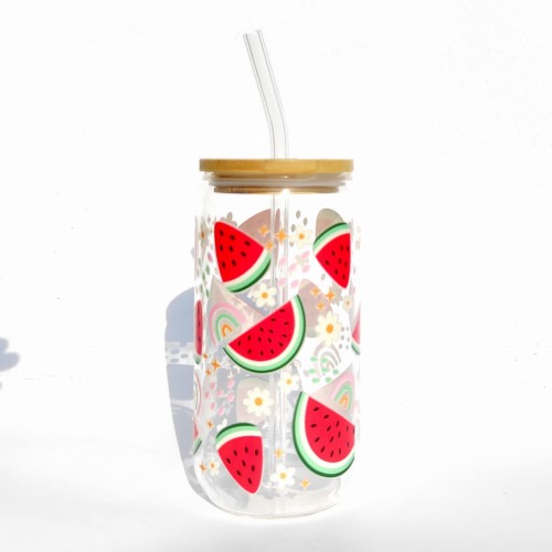 Szklanka 550 ml z bambusową pokrywką i słomką - soczyste arbuzy kawałki arbuza - pocichutku.pl