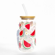 Szklanka 550 ml z bambusową pokrywką i słomką - soczyste arbuzy kawałki arbuza - pocichutku.pl