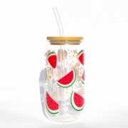 Szklanka 550 ml z bambusową pokrywką i słomką - soczyste arbuzy kawałki arbuza - pocichutku.pl