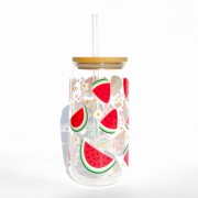 Szklanka 550 ml z bambusową pokrywką i słomką - soczyste arbuzy kawałki arbuza - pocichutku.pl
