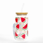 Szklanka 550 ml z bambusową pokrywką i słomką - soczyste arbuzy kawałki arbuza - pocichutku.pl