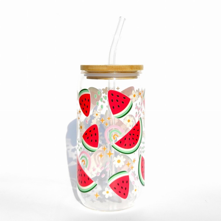 Szklanka 550 ml z bambusową pokrywką i słomką - soczyste arbuzy kawałki arbuza - pocichutku.pl
