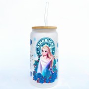 Szklanka 550 ml mleczna szkło z bambusowa pokrywką i słomką - Frozen Kraina Śniego Elsa i Olaf na mlecznym szkle z akcentem Starbucks - pocichutku.pl