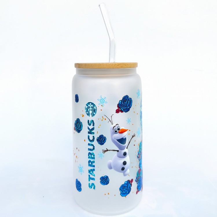 Szklanka 550 ml mleczna szkło z bambusowa pokrywką i słomką - Frozen Kraina Śniego Elsa i Olaf na mlecznym szkle z akcentem Starbucks - pocichutku.pl