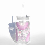 Szklanka 485 ml z plastikową szczelną pokrywką i słomką - fioletowa tęcza z kokardkami i kwiatkami, w tym samym kolorze - pocichutku.pl