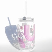 Szklanka 485 ml z plastikową szczelną pokrywką i słomką - fioletowa tęcza z kokardkami i kwiatkami, w tym samym kolorze - pocichutku.pl