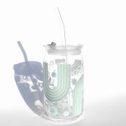 Szklanka 485 ml z plastikową szczelną pokrywką i słomką - miętowa tęcza z kokardkami i kwiatkami, w tym samym kolorze - pocichutku.pl