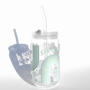 Szklanka 485 ml z plastikową szczelną pokrywką i słomką - miętowa tęcza z kokardkami i kwiatkami, w tym samym kolorze - pocichutku.pl