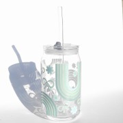 Szklanka 485 ml z plastikową szczelną pokrywką i słomką - miętowa tęcza z kokardkami i kwiatkami, w tym samym kolorze - pocichutku.pl