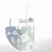 Szklanka 485 ml z plastikową szczelną pokrywką i słomką - miętowa tęcza z kokardkami i kwiatkami, w tym samym kolorze - pocichutku.pl