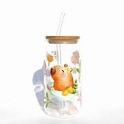 Szklanka 550 ml z bambusową pokrywką i słomką - kapibara w SPA wodne rośliny mała kapibara slow relax - pocichutku.pl