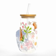Szklanka 550 ml z bambusową pokrywką i słomką - kapibara w SPA wodne rośliny mała kapibara slow relax - pocichutku.pl