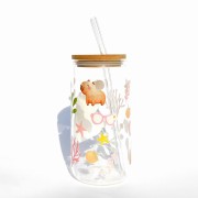 Szklanka 550 ml z bambusową pokrywką i słomką - kapibara w SPA wodne rośliny mała kapibara slow relax - pocichutku.pl