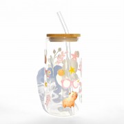 Szklanka 550 ml z bambusową pokrywką i słomką - kapibara w SPA wodne rośliny mała kapibara slow relax - pocichutku.pl