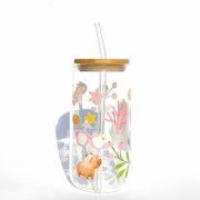 Szklanka 550 ml z bambusową pokrywką i słomką - kapibara w SPA wodne rośliny mała kapibara slow relax - pocichutku.pl