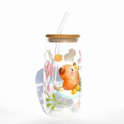 Szklanka 550 ml z bambusową pokrywką i słomką - kapibara w SPA wodne rośliny mała kapibara slow relax - pocichutku.pl
