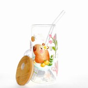 Szklanka 550 ml z bambusową pokrywką i słomką - kapibara w SPA wodne rośliny mała kapibara slow relax - pocichutku.pl